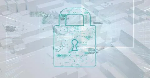 Image of online security padlock icon with moving white blocks in the background Stock Illustration