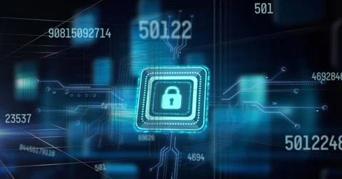 Image of online security padlock icon with numbers processing on blue background 스톡 사진