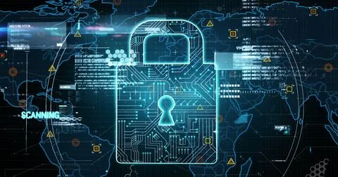 Image of online security padlock, markers and data processing over world map Stock Photos