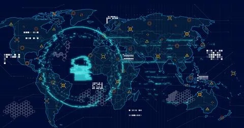 Image of online security padlock, markers and data processing over world map Stock Photos