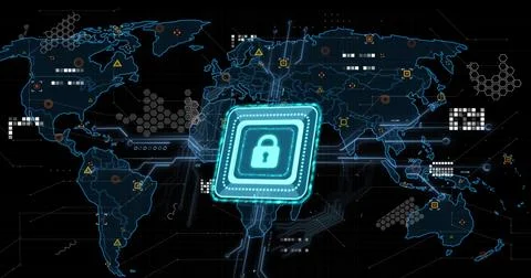Image of online security padlock, markers and data processing over world map Stock Photos
