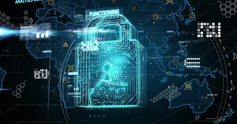 Image of online security padlock, markers and data processing over world map Stock Photos