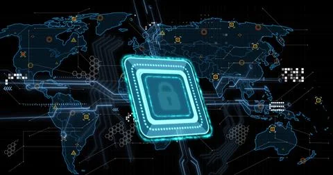 Image of online security padlock, markers and data processing over world map 스톡 사진