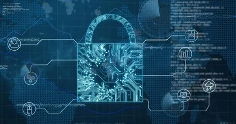 Image of online security padlock with network of icons and data processing Stockillustratie