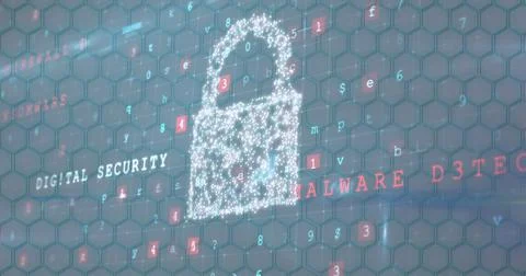Image of online security padlock over numbers changing and cyber attack warning Stock Illustration