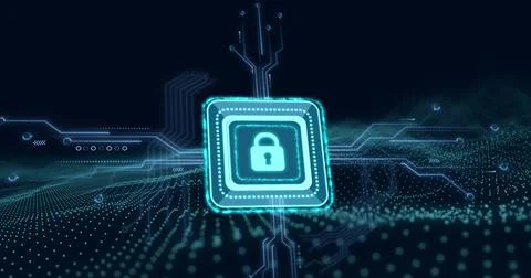 Image of online security padlock over mesh and computer circuit board Illustrazione stock