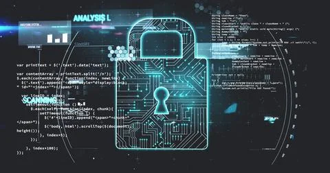 Image of online security padlock over data processing and scope scanning Stock Illustration