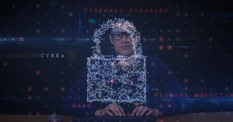 Image of online security padlock over man using computer Stockfoto's