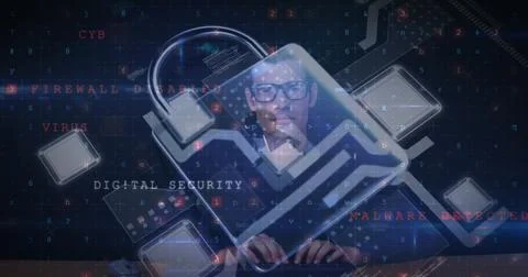 Image of online security padlock over man using computer Stockfoto's