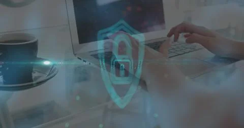 Image of online security padlock over woman using laptop Stockfoto's