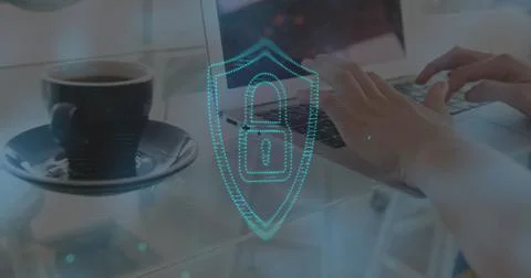 Image of online security padlock over woman using laptop Foto stock