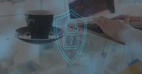 Image of online security padlock over woman using laptop Stockfoto's
