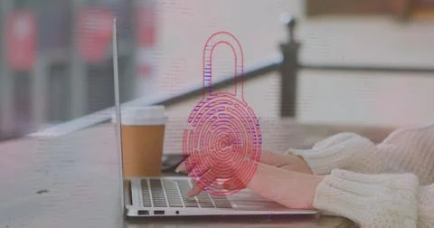Image of online security padlock over woman using laptop Stockfoto's