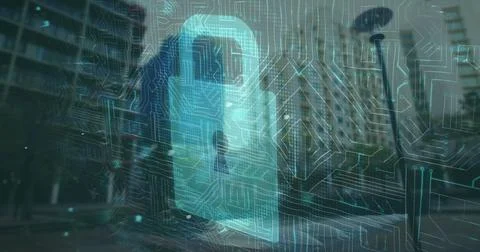 Image of online security padlock over circuit board and cityscape 写真素材