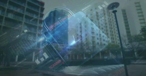 Image of online security padlock over data processing and cityscape 스톡 사진