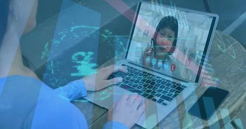 Image of online security padlock over caucasian businesswoman on laptop image Stockfoto's