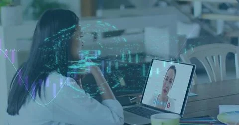 Image of online security padlock over caucasian businesswoman on laptop image Stockfoto's