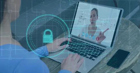 Image of online security padlock over caucasian businesswoman on laptop image Stockfoto's