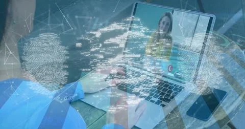 Image of online security padlock over caucasian businesswoman on laptop image Stockfoto's