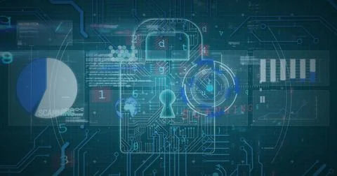 Image of online security padlock, scope scanning and data processing on blue 스톡 일러스트