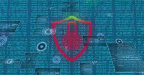 Image of online security padlock, scopes scanning and data processing on screens Stock Photos