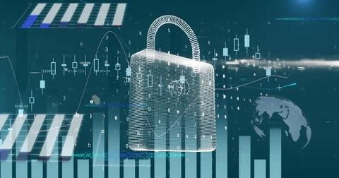 Image of online security padlock, statistics and financial data processing over Stockfoto's