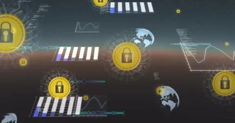 Image of online security padlocks and data processing with globes イラスト素材