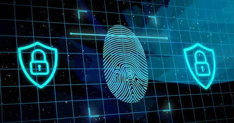 Image of online security padlocks with biometric fingerprint and data processing 스톡 사진