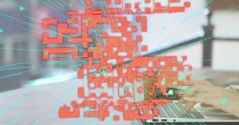 Image of online security qr code over woman using laptop Stock Photos