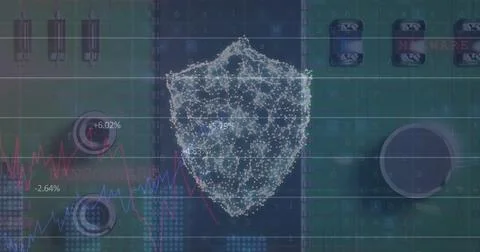 Image of online security shield and data processing on computer server Illustrazione stock