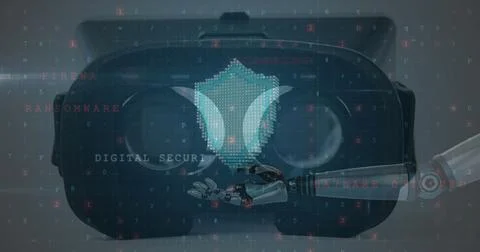 Image of online shield padlock over robot's arm and vr headset in background Illustration