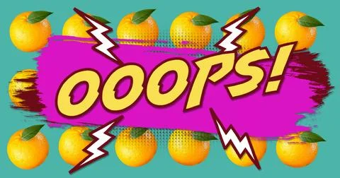 Image of oops text on purple paint with white lightning bolts over oranges on Stock Photos