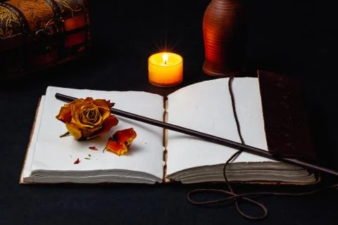 Image of open magic book on the table in the dark room. 库存照片