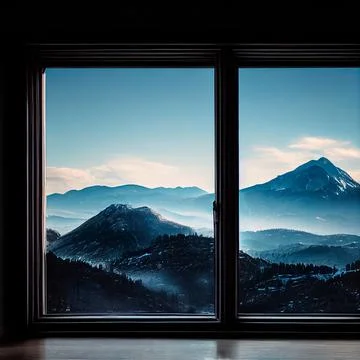 Image of an open window with a mountain view Stock Illustration