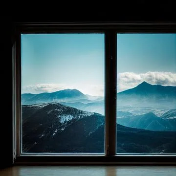 Image of an open window with a mountain view Stock Illustration