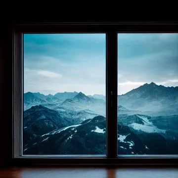 Image of an open window with a mountain view Stock Illustration
