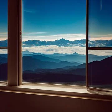 Image of an open window with a mountain view Stock Illustration