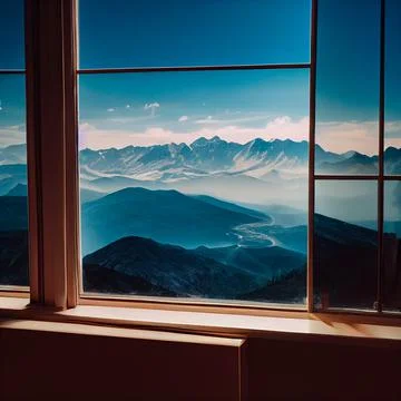 Image of an open window with a mountain view Stock Illustration