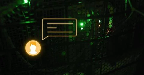 Image of orange chat bot message icon over glowing computer server in dark room Stock Photos
