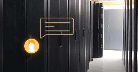 Image of orange chat bot message icon over computer server room Foto stock