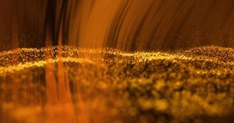 Image of orange light over undulating golden particles on black background 库存插图