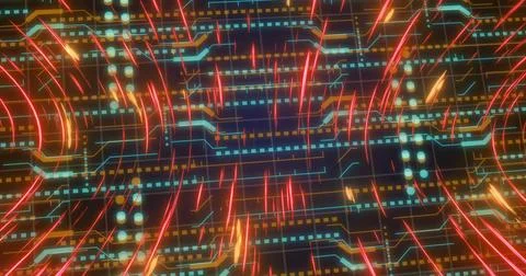 Image of orange light trails and data processing over circuit board Illustrazione stock