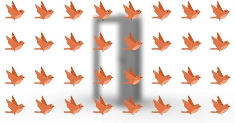 Image of orange moving birds over bird door Stock Photos