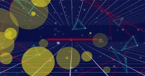 Image of orange spots of light over network of connections and grid Stock Photos