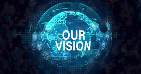 Image of our vision text with icons over globe on black background Stock Illustration