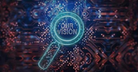 Image of our vision text over reading glass and data processing 스톡 사진