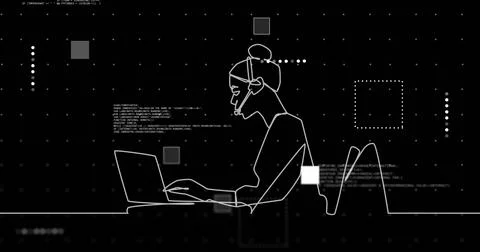 Image of outline of woman using computer data processing over black background Foto stock