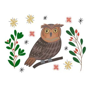 Image of an owl on a branch with leaves Illustrazione stock