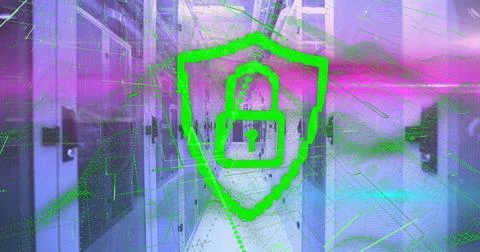 Image of padlock with abstract lines moving over data server systems 库存插图