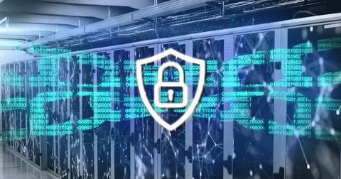 Image of padlock and chains over server room Stock Illustration